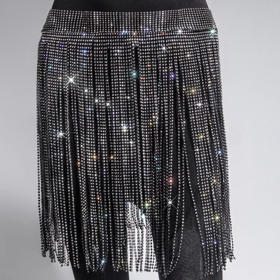 New Black Crystal Tassel Skirt Party Bling Rhinestone Mini Shirt Party Women Skirts