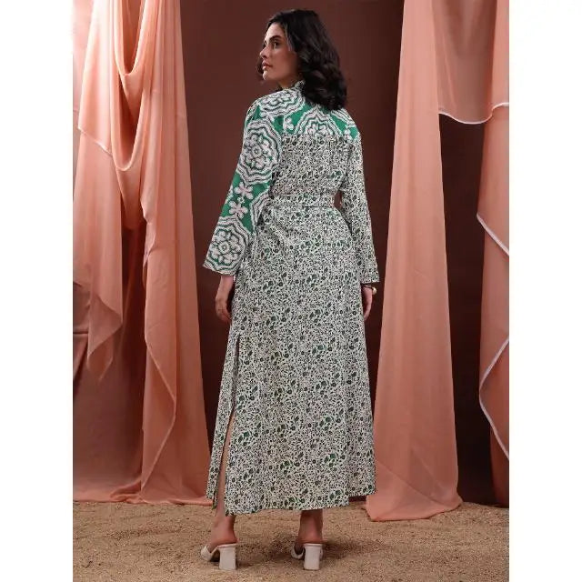 Women Printed V-Neck Bell Sleeves Casual Maxi Length Dress