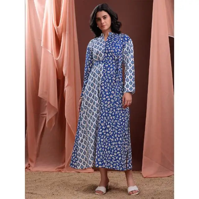 Women Printed V-Neck Bell Sleeves Casual Maxi Length Dress