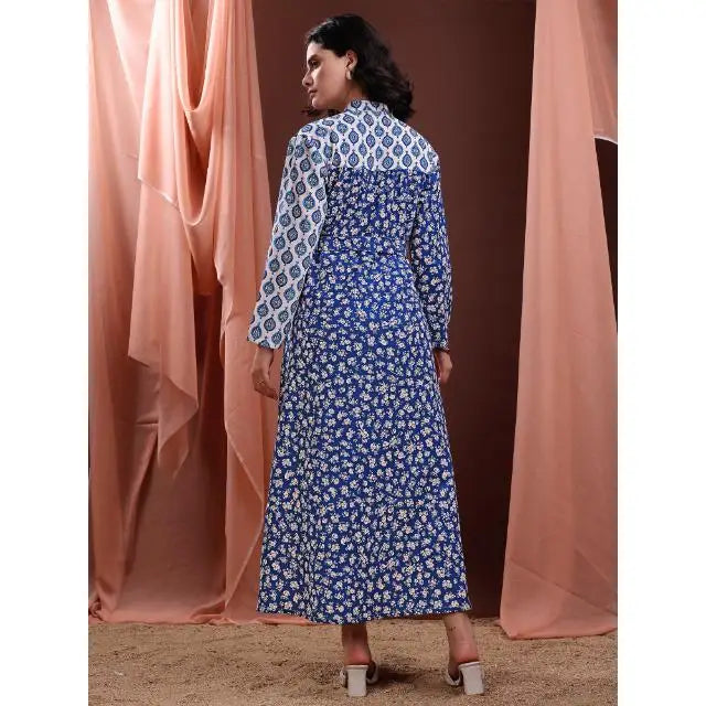 Women Printed V-Neck Bell Sleeves Casual Maxi Length Dress