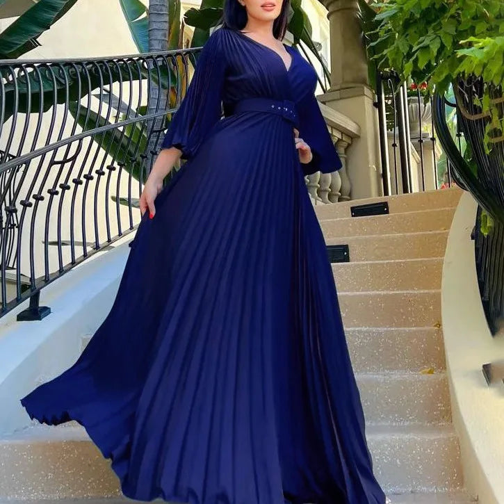 European American Women Clothing Dresses 2024 New Spring V-neck Sexy Solid Color Pleated Large Skirt Dress Belt Maxi Long Dress