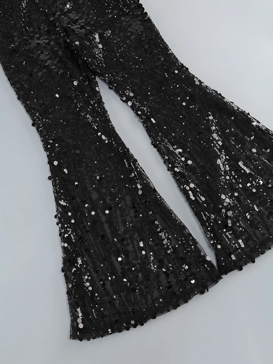 SS2364 Kimshein High Quality Women Fashion Pants Sequin Sets Clothes With Feathers Two Piece Sequin Set