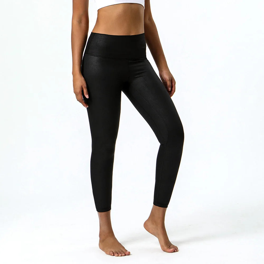 Eyun New Trends High Waisted Wet Look Liquid Lightweight Stretch Breathable Solid Yoga Pants Shinny Leather Leggings for Women