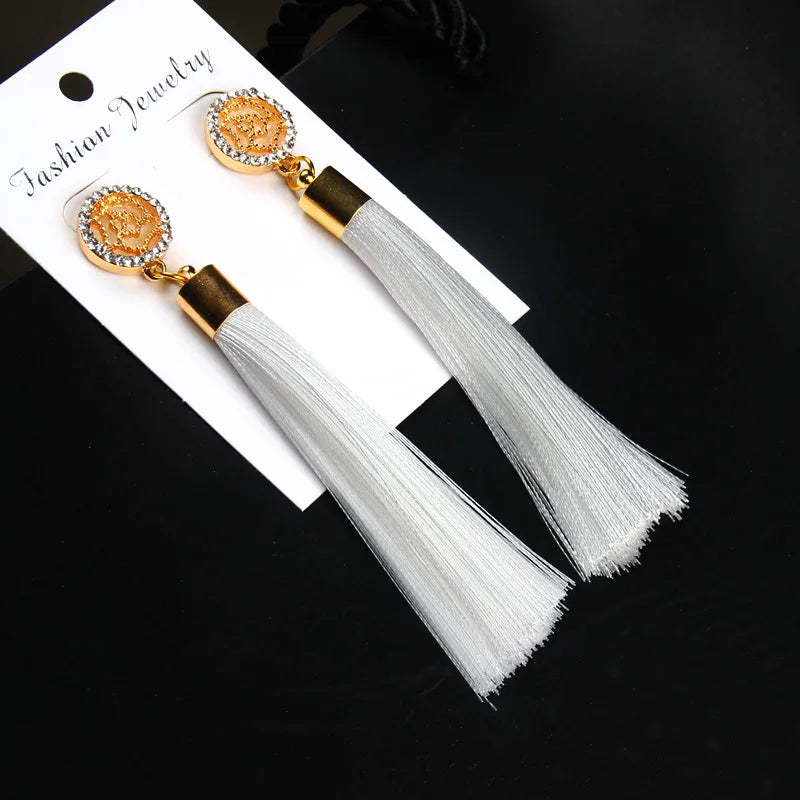 New Crystal Rose Flower Long Tassel Earrings Boho Black Red White Silk Fabric Thread Flower Drop Earrings Women Jewelry Oorbelle