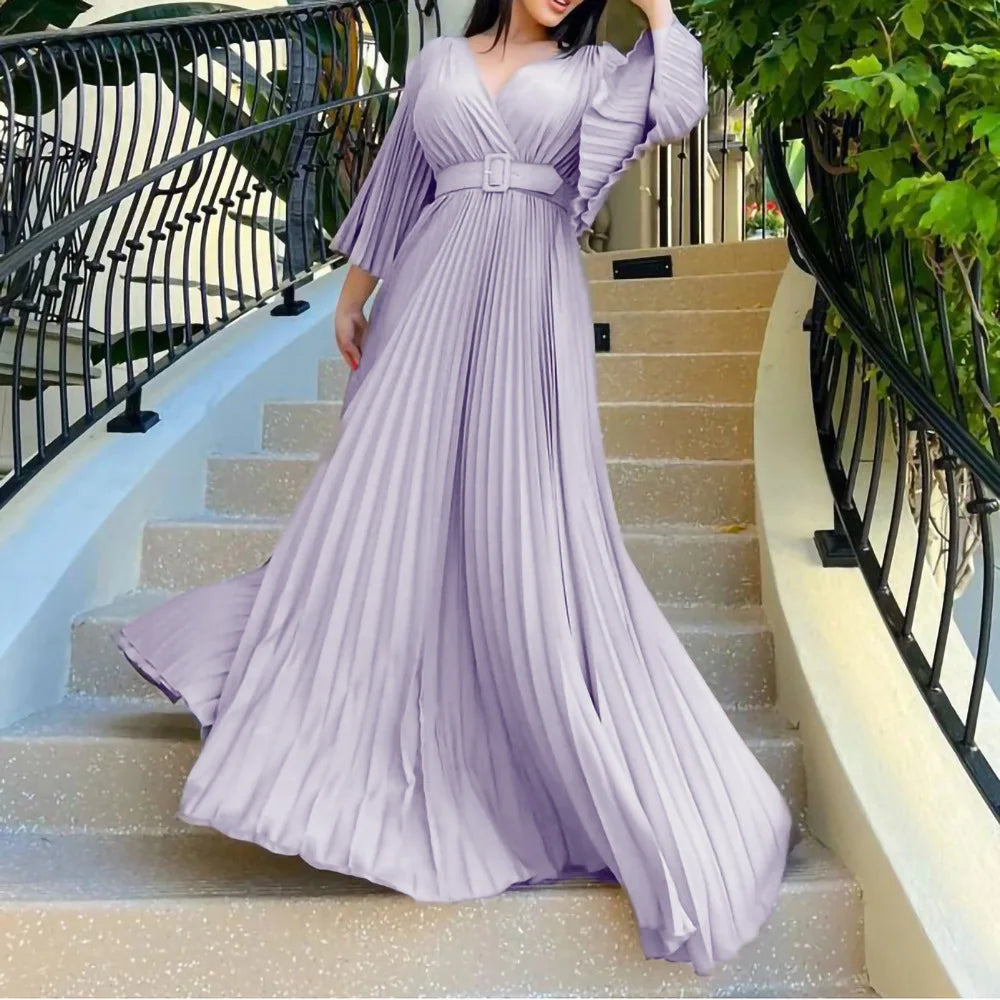European American Women Clothing Dresses 2024 New Spring V-neck Sexy Solid Color Pleated Large Skirt Dress Belt Maxi Long Dress
