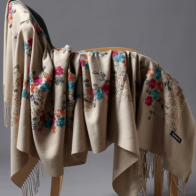 Wholesale Women's Large Reversible Cashmere Pashmina Scarf Soft Shawl Wraps with Embroidery Winter Travel Accessories