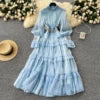 2025 Spring Roman Stand Collar Tunic Casual Midi Dress For Women Flare Sleeve Empire Diamonds Ruffled Lace Dress