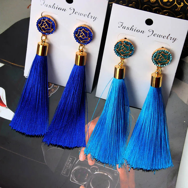 New Crystal Rose Flower Long Tassel Earrings Boho Black Red White Silk Fabric Thread Flower Drop Earrings Women Jewelry Oorbelle