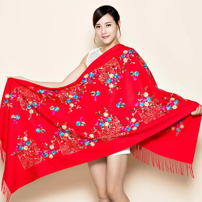 Wholesale Women's Large Reversible Cashmere Pashmina Scarf Soft Shawl Wraps with Embroidery Winter Travel Accessories