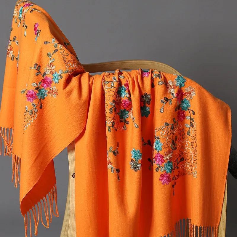 Wholesale Women's Large Reversible Cashmere Pashmina Scarf Soft Shawl Wraps with Embroidery Winter Travel Accessories