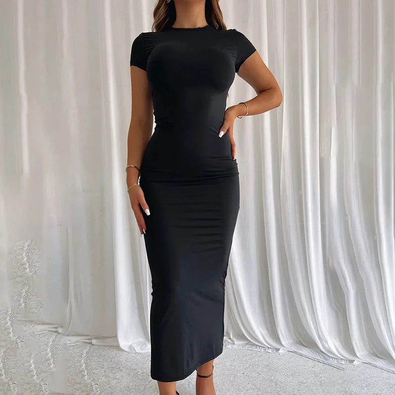 Women 2024 Summer New Fashion Casual Solid Color Round Neck Short Sleeved Skirt Slim High Waist Long Dress