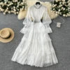 2025 Spring Roman Stand Collar Tunic Casual Midi Dress For Women Flare Sleeve Empire Diamonds Ruffled Lace Dress