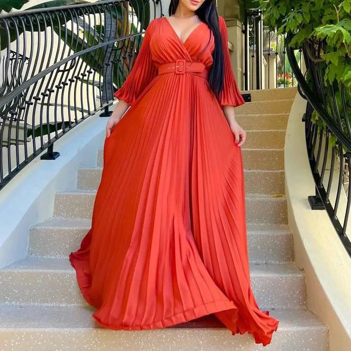 European American Women Clothing Dresses 2024 New Spring V-neck Sexy Solid Color Pleated Large Skirt Dress Belt Maxi Long Dress