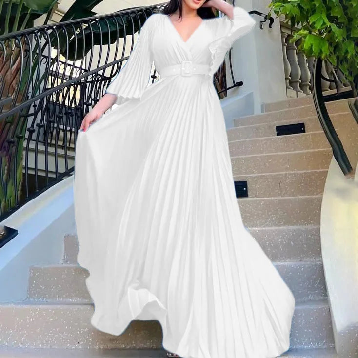 European American Women Clothing Dresses 2024 New Spring V-neck Sexy Solid Color Pleated Large Skirt Dress Belt Maxi Long Dress