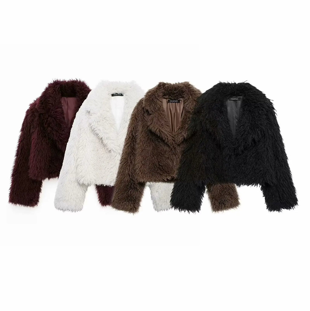 PB&ZA Women 2024 Autumn New Fashion Eco-friendly Fur Short Coat Vintage Long Sleeve Female Chic Overcoat