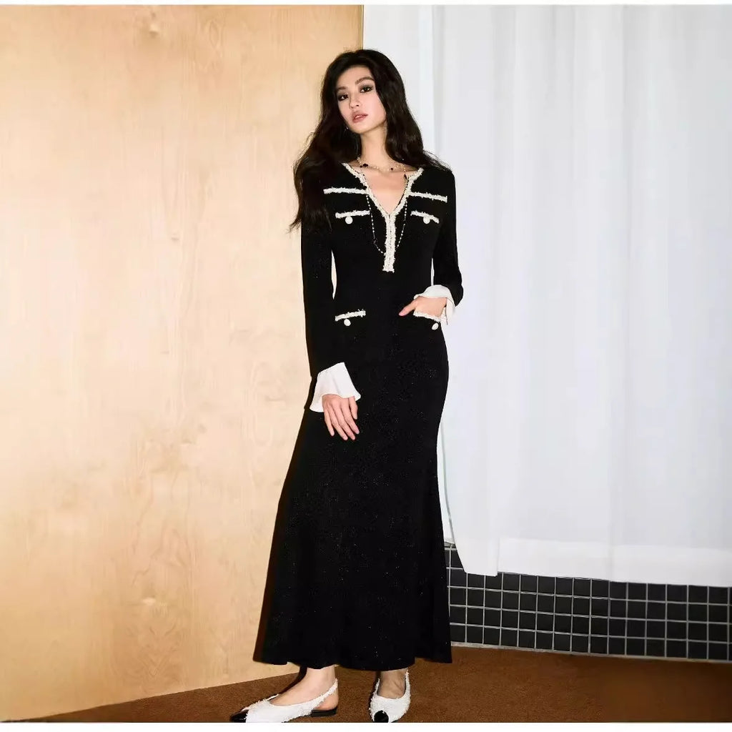 Bettergirl Women Autumn Winter Fashion Elegant Vietnamese French Webbing Waist Fishtail Dress Black V-neck Long-sleeved Dress