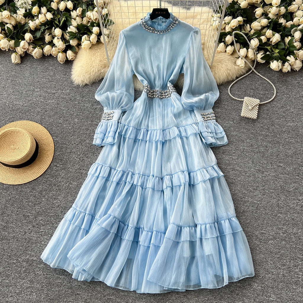 2025 Spring Roman Stand Collar Tunic Casual Midi Dress For Women Flare Sleeve Empire Diamonds Ruffled Lace Dress