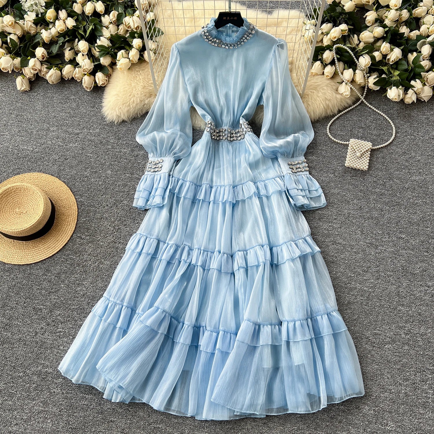 2025 Spring Roman Stand Collar Tunic Casual Midi Dress For Women Flare Sleeve Empire Diamonds Ruffled Lace Dress