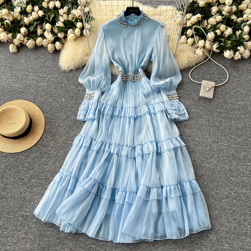 2025 Spring Roman Stand Collar Tunic Casual Midi Dress For Women Flare Sleeve Empire Diamonds Ruffled Lace Dress