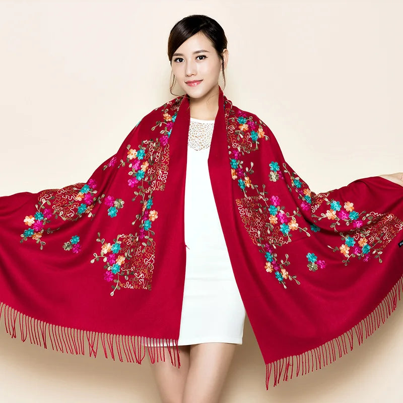 Wholesale Women's Large Reversible Cashmere Pashmina Scarf Soft Shawl Wraps with Embroidery Winter Travel Accessories