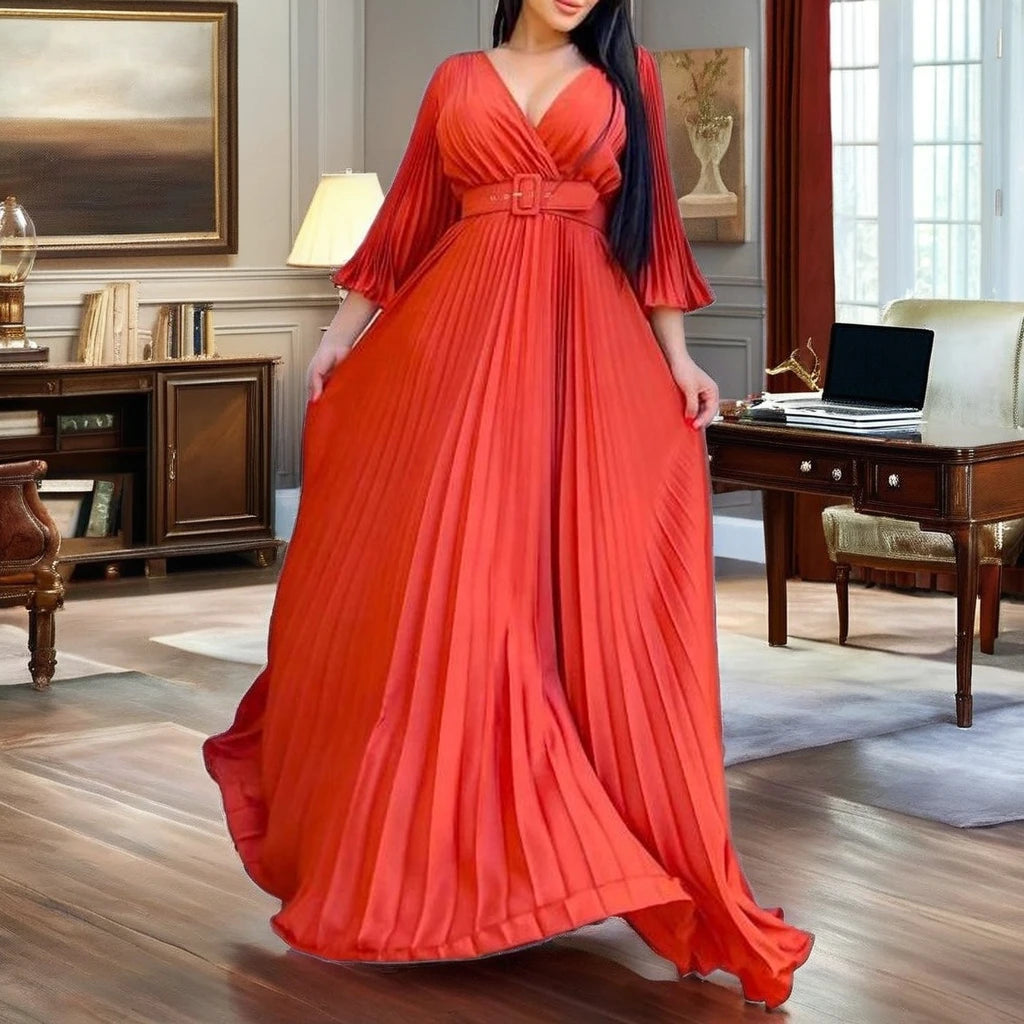 European American Women Clothing Dresses 2024 New Spring V-neck Sexy Solid Color Pleated Large Skirt Dress Belt Maxi Long Dress