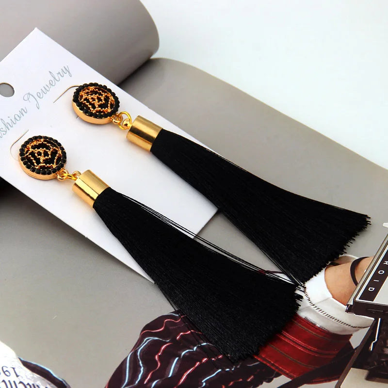New Crystal Rose Flower Long Tassel Earrings Boho Black Red White Silk Fabric Thread Flower Drop Earrings Women Jewelry Oorbelle