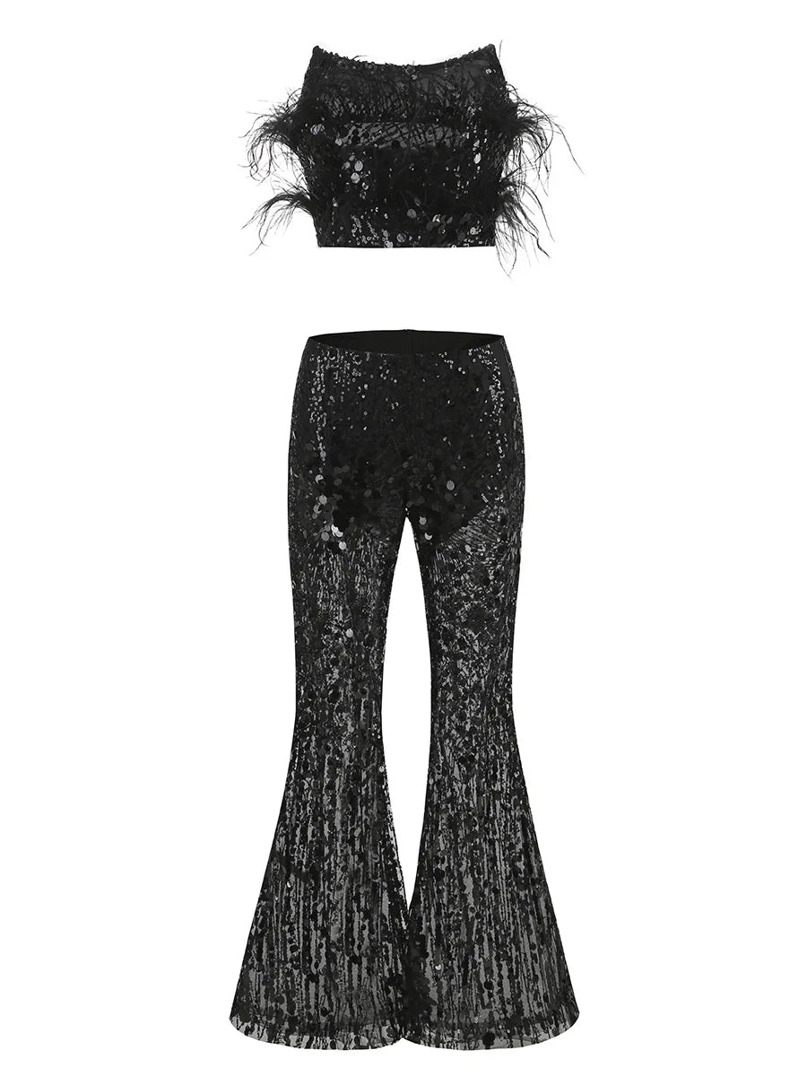 SS2364 Kimshein High Quality Women Fashion Pants Sequin Sets Clothes With Feathers Two Piece Sequin Set