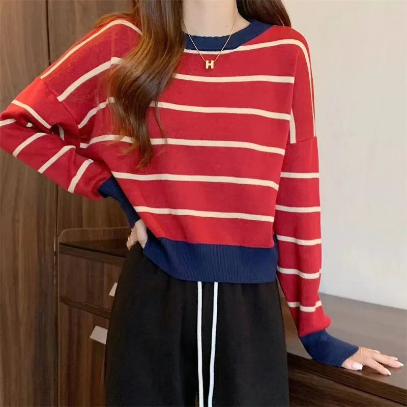 Wholesale Women Long Sleeve Striped Knitwear Sweater Round Collar Simple Short Style Knit Tops Outwear Casual Sweater