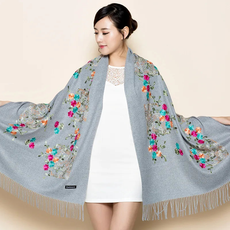 Wholesale Women's Large Reversible Cashmere Pashmina Scarf Soft Shawl Wraps with Embroidery Winter Travel Accessories