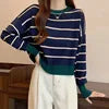 Wholesale Women Long Sleeve Striped Knitwear Sweater Round Collar Simple Short Style Knit Tops Outwear Casual Sweater