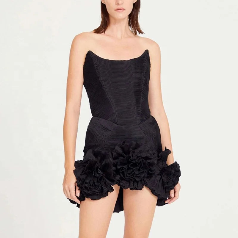 OUDINA New Style Elegant Fishbone Sleeveless Three-dimensional Flower Short Female Birthday Ladies Formal Summer Dress for Women