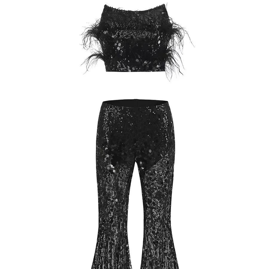 SS2364 Kimshein High Quality Women Fashion Pants Sequin Sets Clothes With Feathers Two Piece Sequin Set