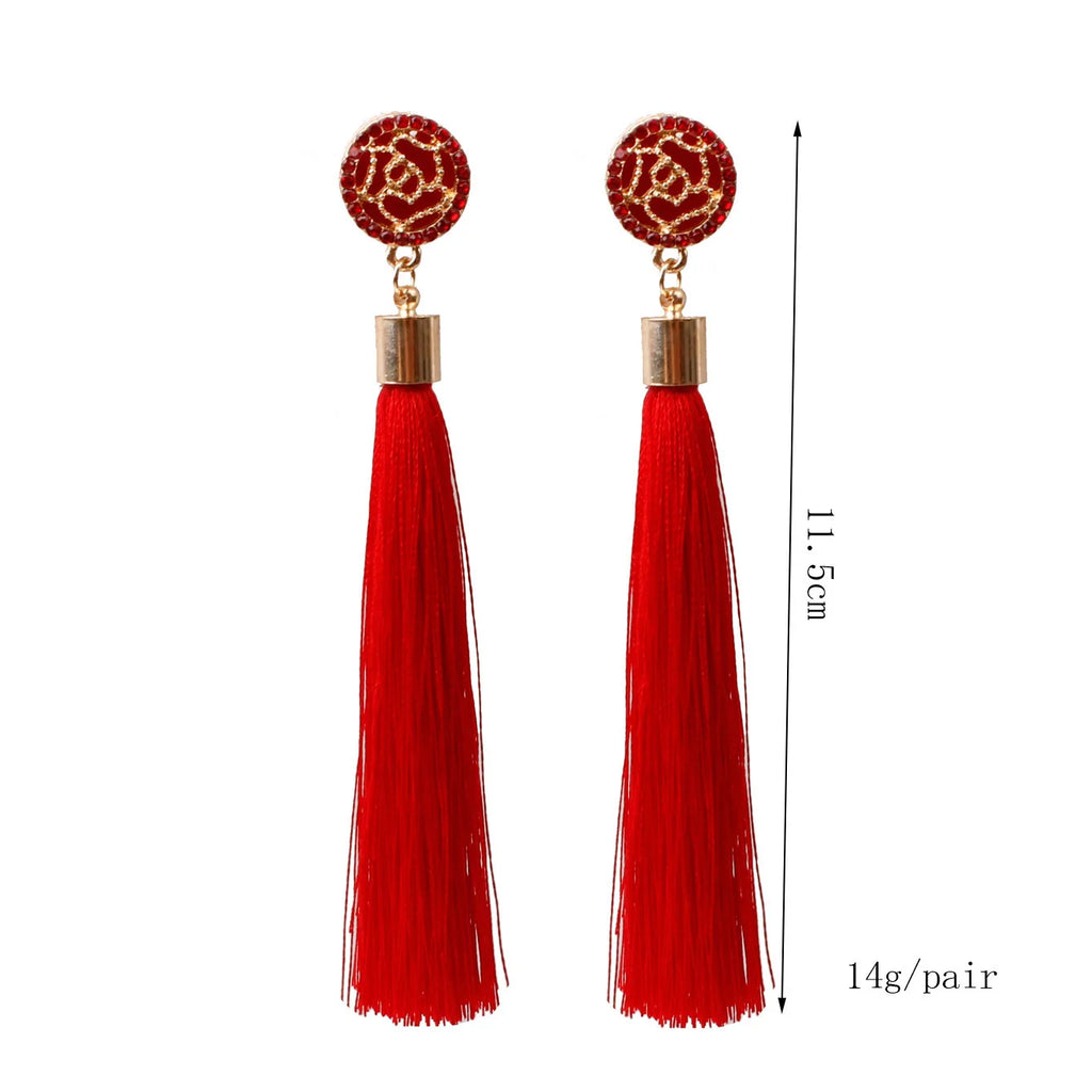 New Crystal Rose Flower Long Tassel Earrings Boho Black Red White Silk Fabric Thread Flower Drop Earrings Women Jewelry Oorbelle
