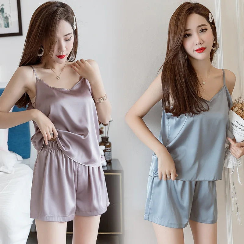New Arrive  Plus Size Women's Sling Ice Silk Sleepwear Camisole and Shorts Two Piece Short Sets 2 Piece Women Pajamas Sleepwear