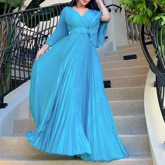 European American Women Clothing Dresses 2024 New Spring V-neck Sexy Solid Color Pleated Large Skirt Dress Belt Maxi Long Dress