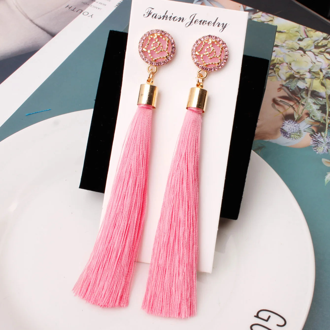 New Crystal Rose Flower Long Tassel Earrings Boho Black Red White Silk Fabric Thread Flower Drop Earrings Women Jewelry Oorbelle