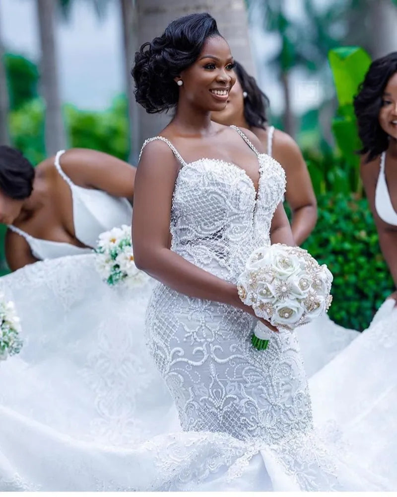 FA277 Luxury African Mermaid Wedding Dresses Plus Size  Black Girl Women Lace Wedding Gowns Handmade Bride Dress