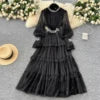 2025 Spring Roman Stand Collar Tunic Casual Midi Dress For Women Flare Sleeve Empire Diamonds Ruffled Lace Dress