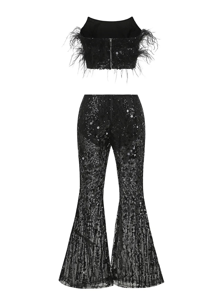SS2364 Kimshein High Quality Women Fashion Pants Sequin Sets Clothes With Feathers Two Piece Sequin Set
