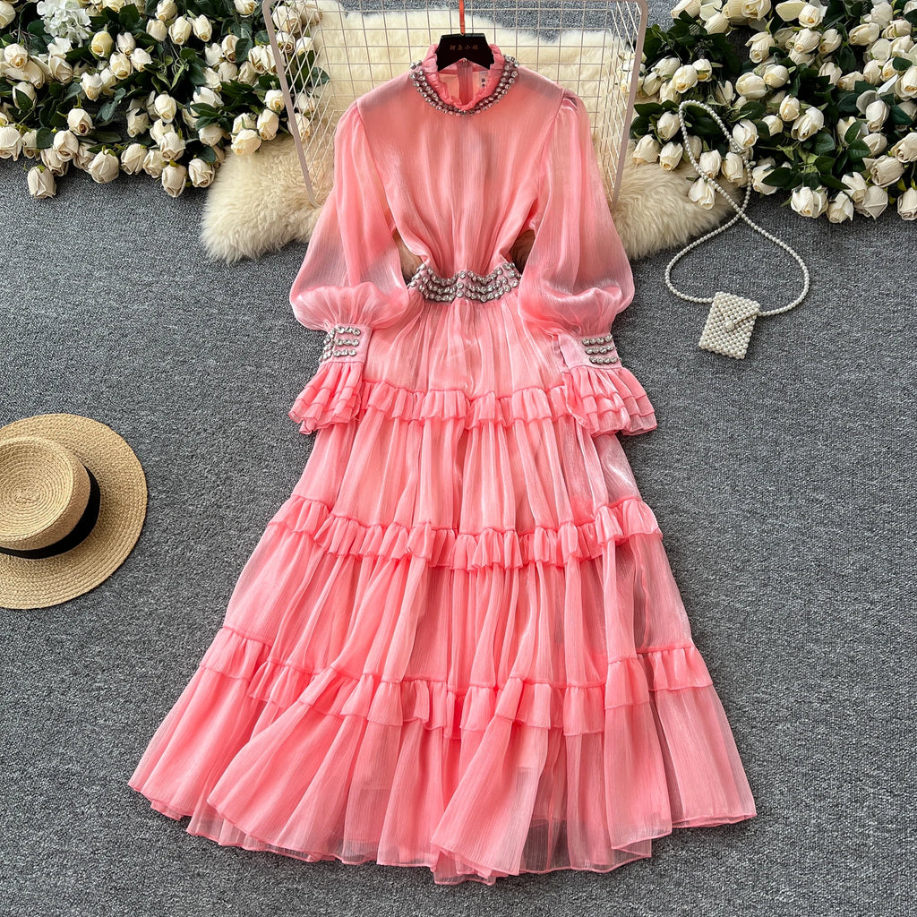 2025 Spring Roman Stand Collar Tunic Casual Midi Dress For Women Flare Sleeve Empire Diamonds Ruffled Lace Dress