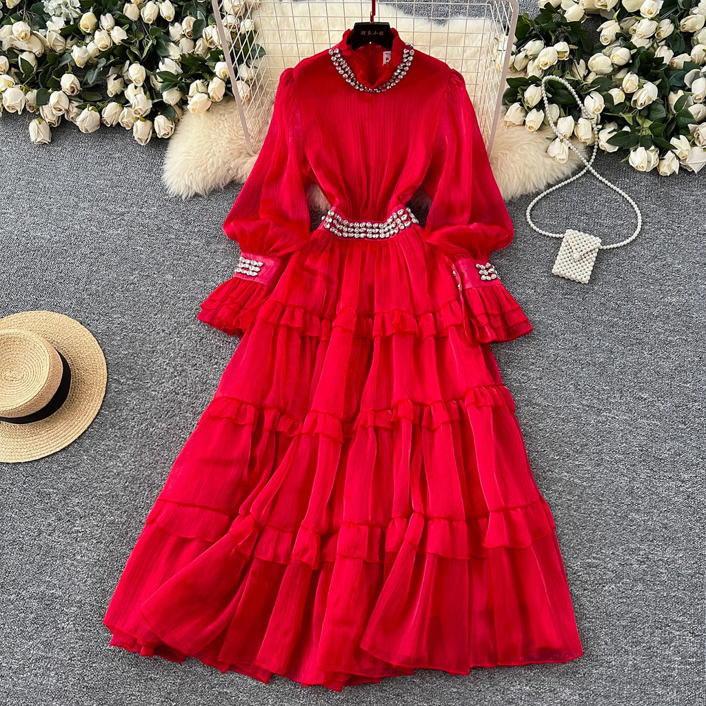 2025 Spring Roman Stand Collar Tunic Casual Midi Dress For Women Flare Sleeve Empire Diamonds Ruffled Lace Dress