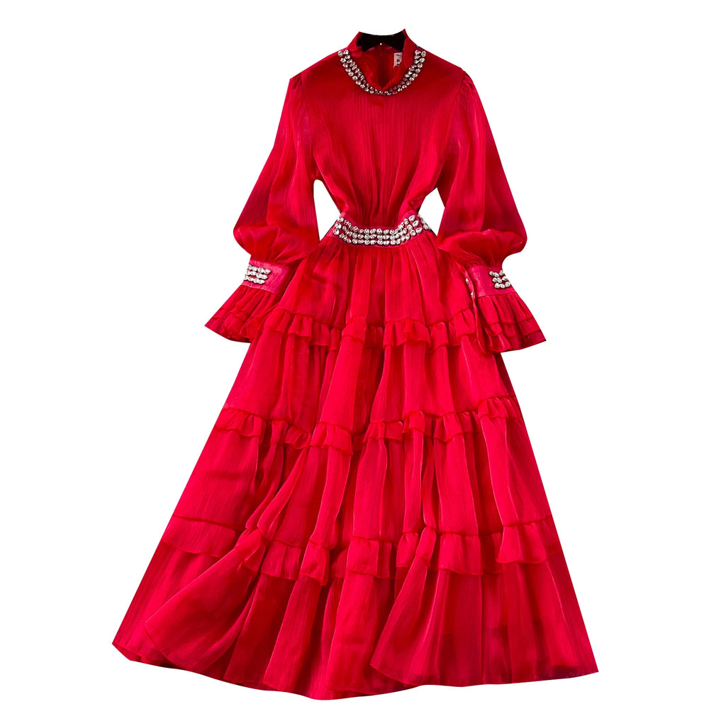 2025 Spring Roman Stand Collar Tunic Casual Midi Dress For Women Flare Sleeve Empire Diamonds Ruffled Lace Dress