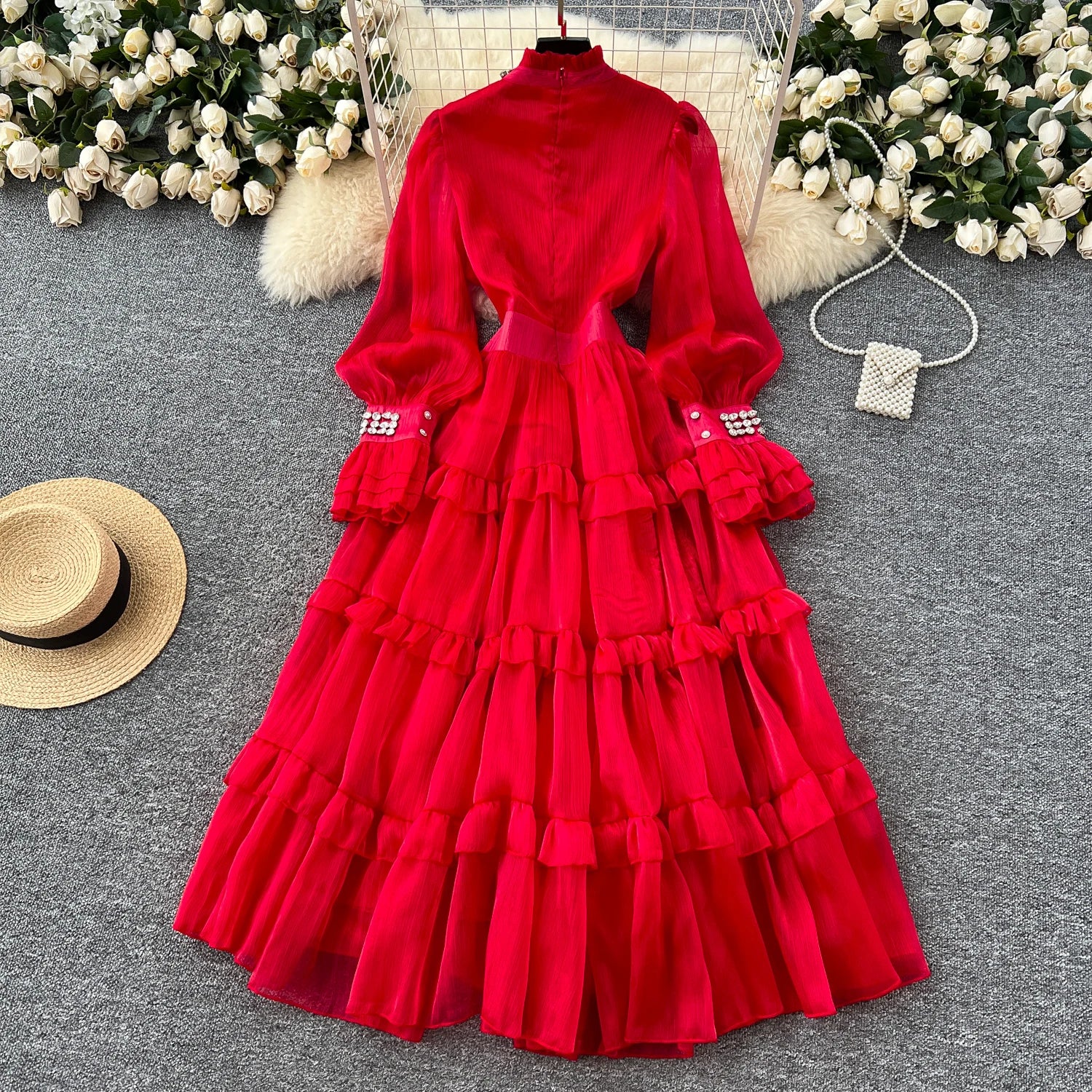 2025 Spring Roman Stand Collar Tunic Casual Midi Dress For Women Flare Sleeve Empire Diamonds Ruffled Lace Dress