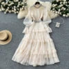 2025 Spring Roman Stand Collar Tunic Casual Midi Dress For Women Flare Sleeve Empire Diamonds Ruffled Lace Dress