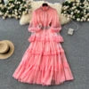 2025 Spring Roman Stand Collar Tunic Casual Midi Dress For Women Flare Sleeve Empire Diamonds Ruffled Lace Dress