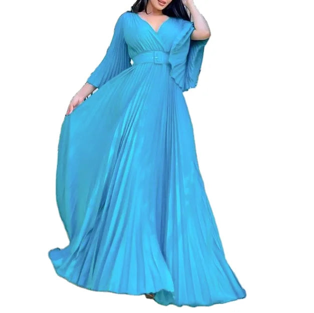 European American Women Clothing Dresses 2024 New Spring V-neck Sexy Solid Color Pleated Large Skirt Dress Belt Maxi Long Dress