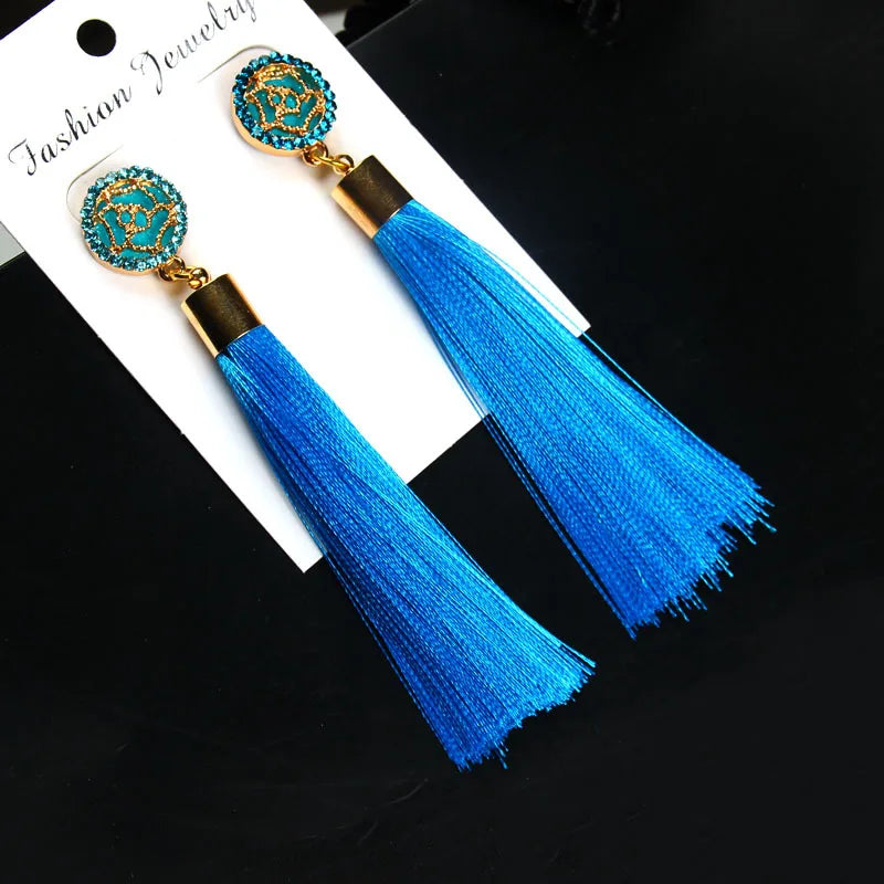 New Crystal Rose Flower Long Tassel Earrings Boho Black Red White Silk Fabric Thread Flower Drop Earrings Women Jewelry Oorbelle