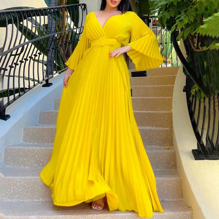 European American Women Clothing Dresses 2024 New Spring V-neck Sexy Solid Color Pleated Large Skirt Dress Belt Maxi Long Dress