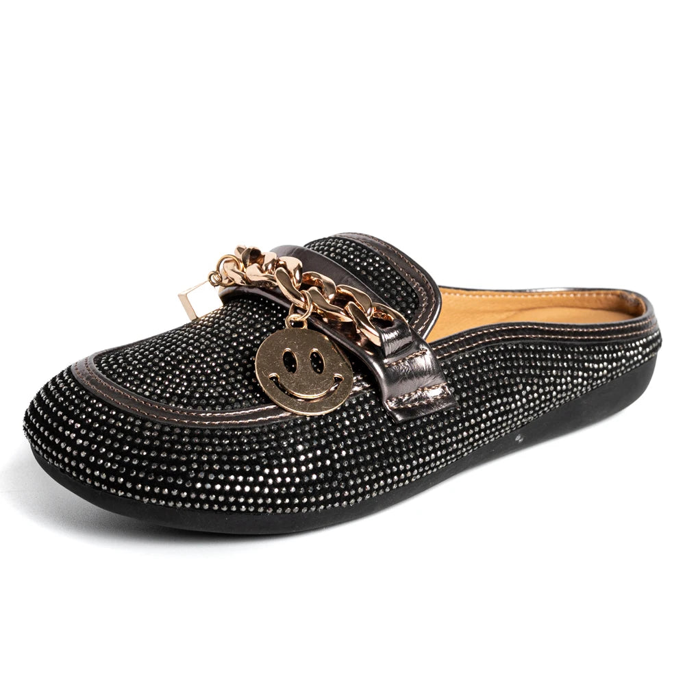 Fashion Crystal Bling Mules Slippers Women Shoes Female Mules Shoes Round Low Heels Elegant Shoes Woman Slipper Casual Shoes