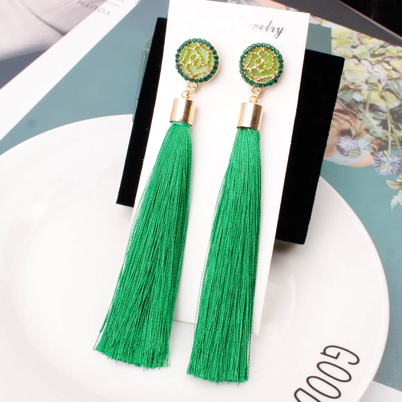 New Crystal Rose Flower Long Tassel Earrings Boho Black Red White Silk Fabric Thread Flower Drop Earrings Women Jewelry Oorbelle